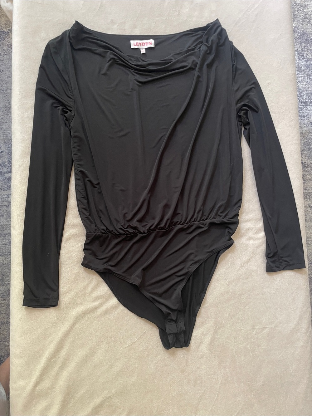 Leyden Black Long Sleeve Draped Neck Womens Bodysuit